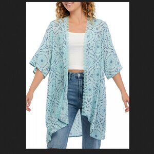 True Craft Dye House Daze Sheer Long Sleeve Open Front Kimono, Blue Haze XL